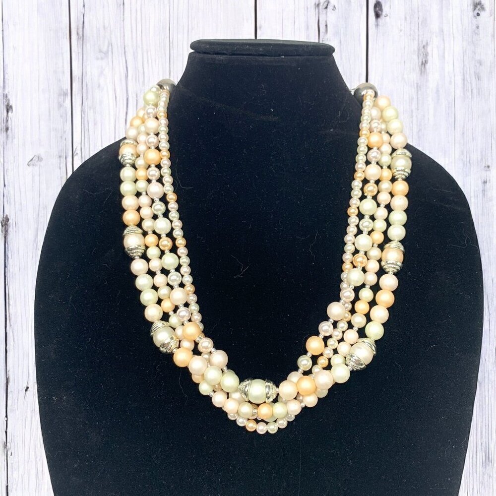 Elegant Quadruple Strand Faux Pearl Necklace White Cream Coral Mid Length 26"L